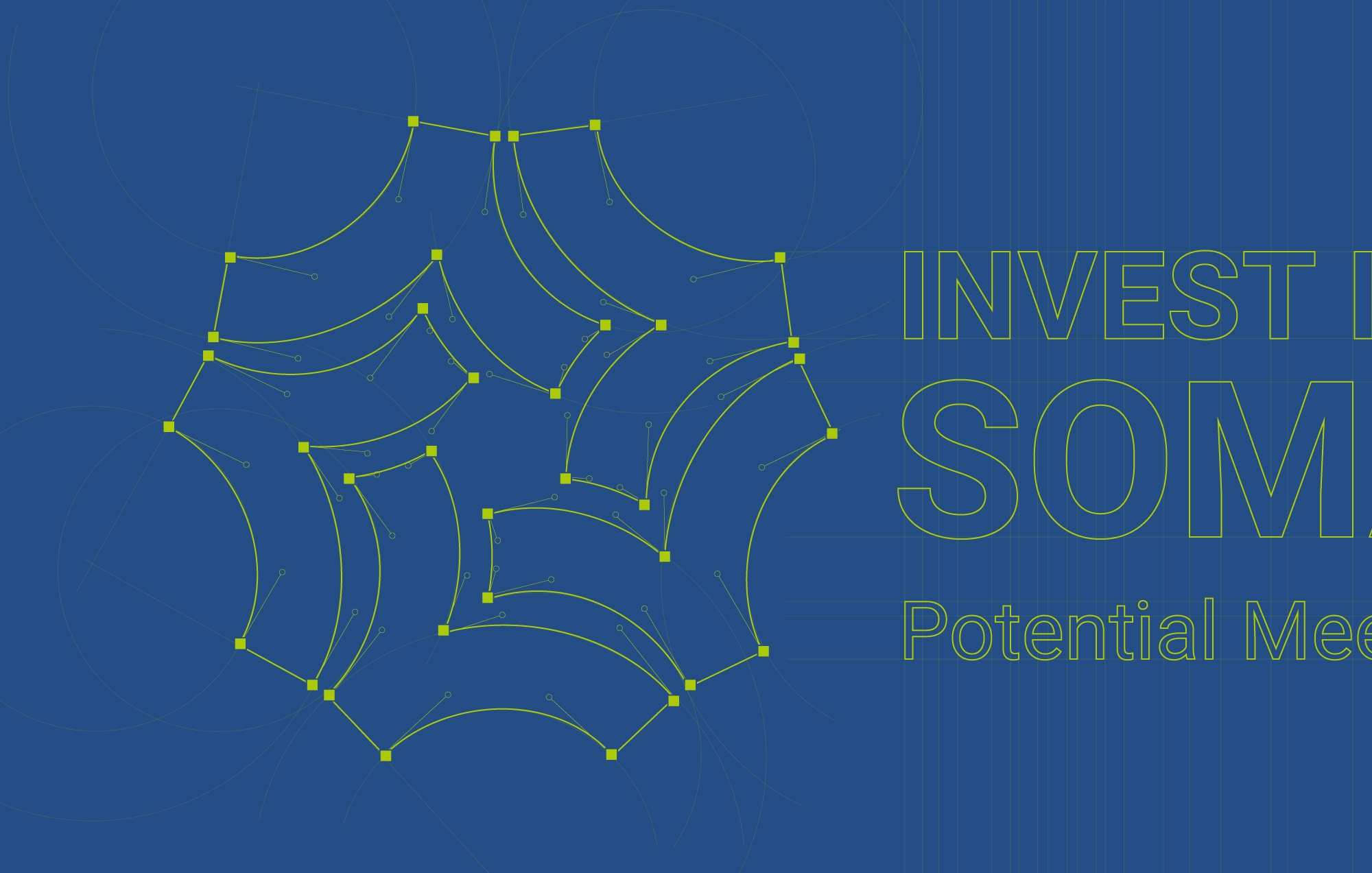 Technical blueprint with yellow geometric lines on a dark blue background showing the logo construction.
