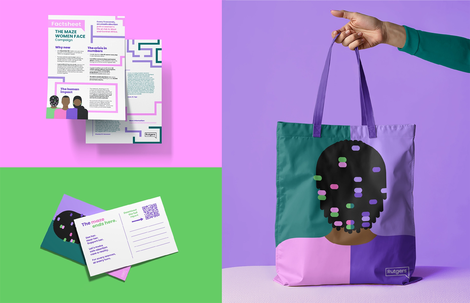 Mockups of card, publication and a bag from the Rutgers campaign Safe abortion