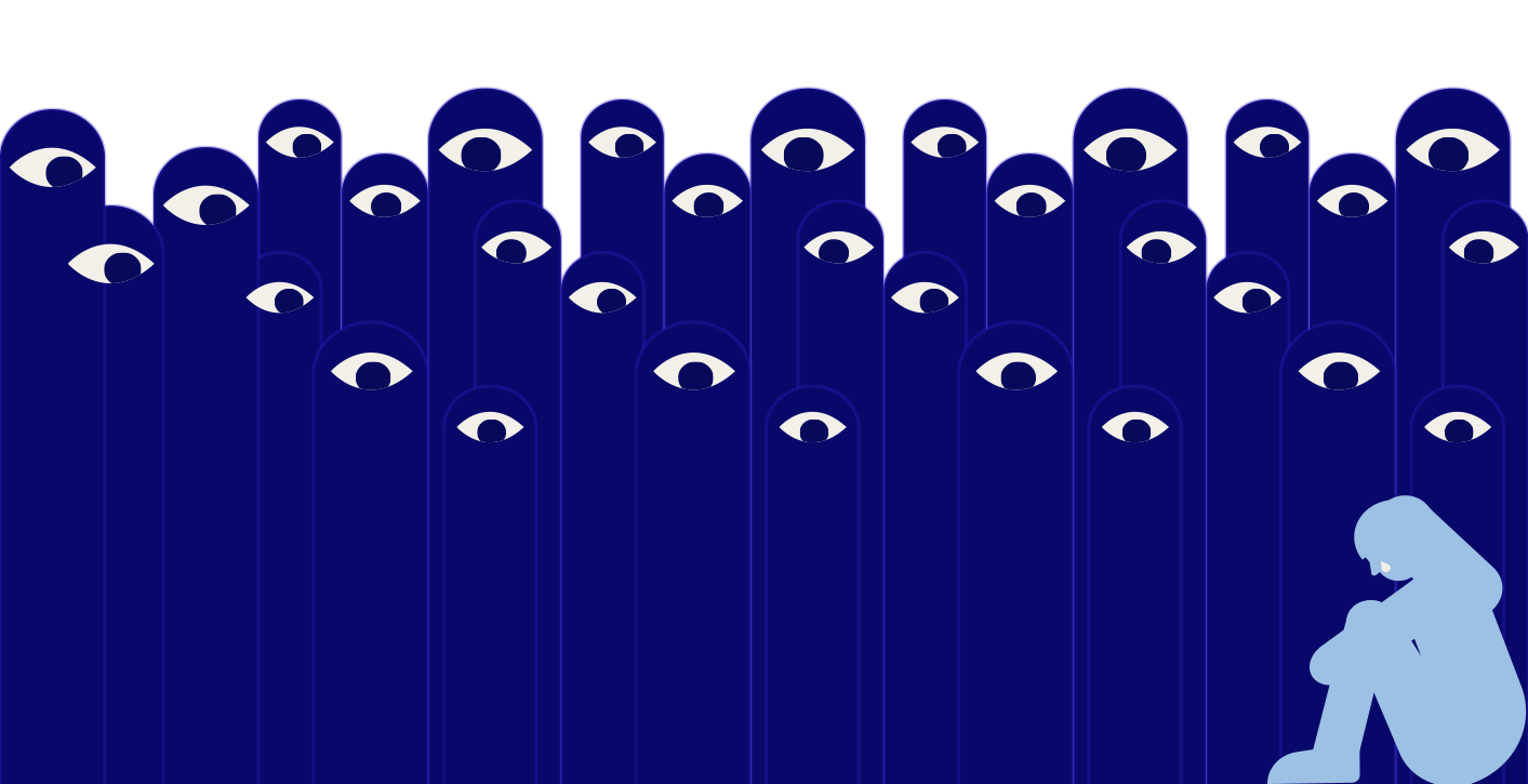Dark blue figures filled with watching eyes looming over a lonely, crying child sitting on the floor.