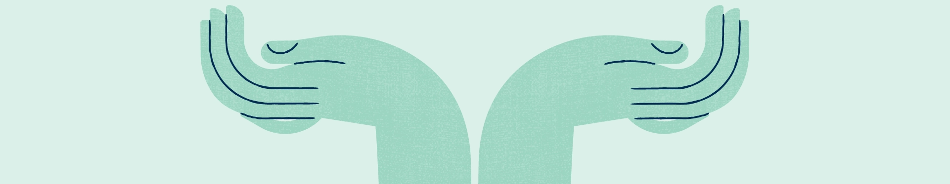 Minimalist graphic of two supportive teal hands cupped upward against a light green background.