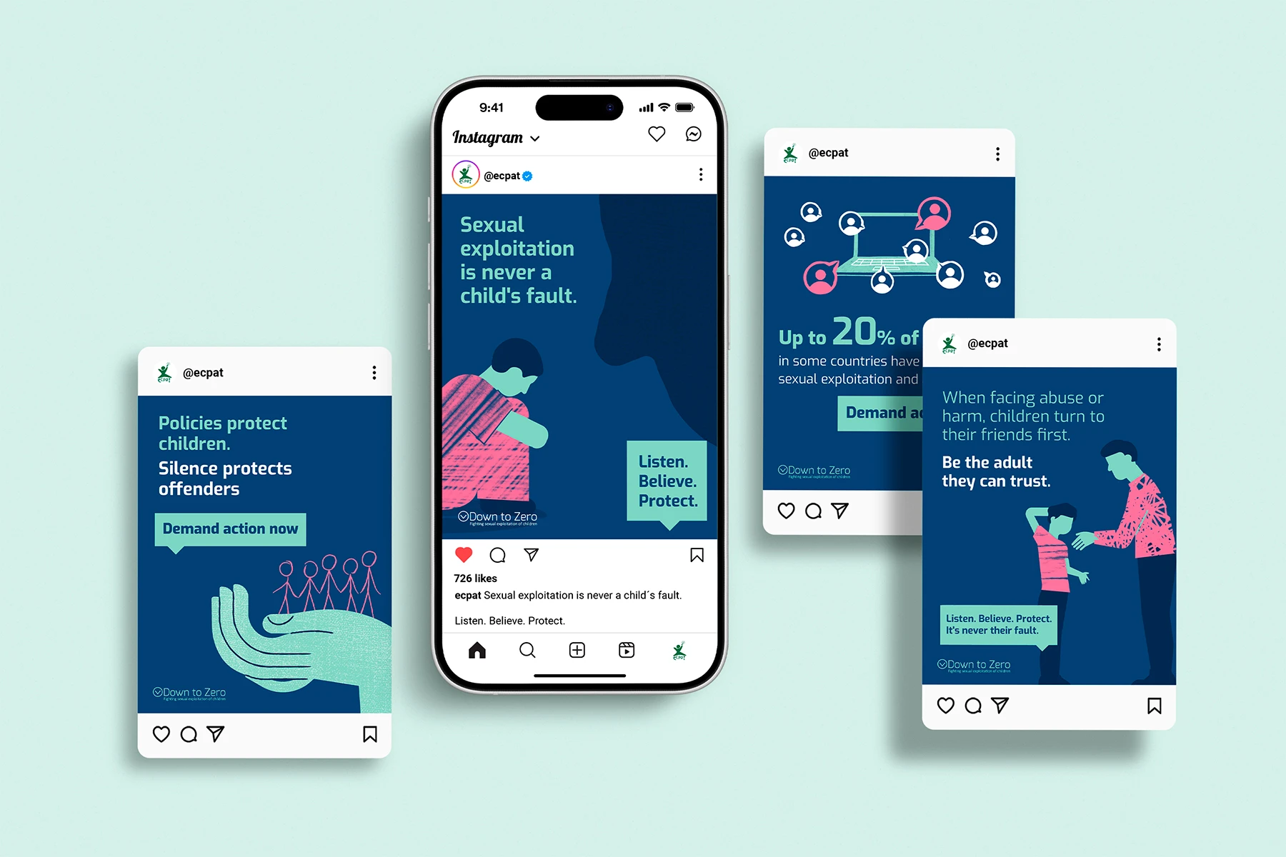 Four Instagram mockups with graphics from a child sexual exploitation campaign urging adults to listen and protect.